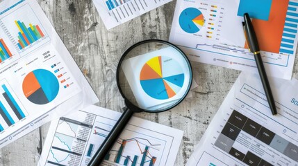 a magnifying glass positioned over financial charts and graphs, symbolizing the meticulous study of business data presented, with bar or pie chart graphics.