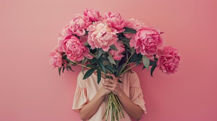 Person holding a lush bouquet of pink peonies. Artistic floral arrangement, perfect for spring themes. Vibrant, cheerful, romantic style photography. AI
