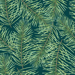 Seamless pattern of pine or fir branches. Illustration with watercolor and marker. Christmas wallpaper on blue background.Hand drawn art. Botanical decoration for New Year 2025 and Christmas