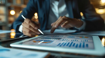 A businessman analyzing financial charts on a digital tablet, making strategic decisions based on market trends.