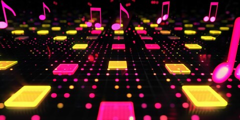 Black background, yellow squares and pink dots in the shape of musical notes arranged horizontally on top of each other