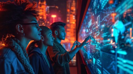 A Group Of Diverse Individuals Gathered Around A Large Glowing Holographic Display