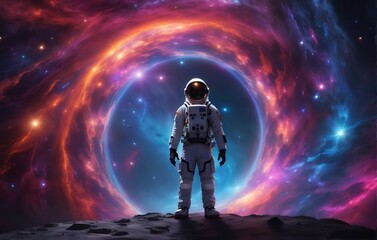 Astronaut is standing on a planet with a colorful nebula and stars in the background.