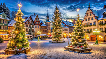 A charming town square transformed into a fairy tale scene with brilliantly lit Christmas trees,...