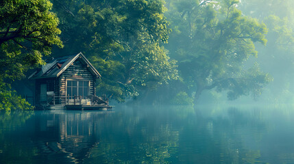 Fototapeta premium A small house sits on the edge of a lake.