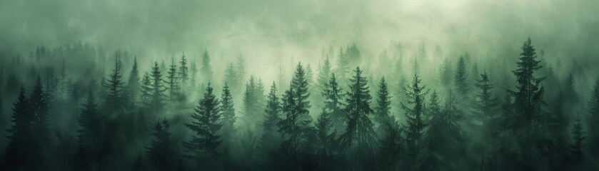 The image is a beautiful landscape of a pine forest