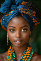 Fototapeta premium Portrait of young beautiful African woman wearing colorful ethnic turban.