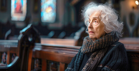 Obraz premium Portrait of a sad mature woman in church. A woman at a funeral ceremony, a widow.