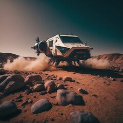 spacex starship rocket designed by spacex landed on a mars with realistic nighttime landscape, smoke and dust