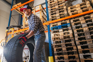 Fototapeta premium Man Holding Truck Tire in Warehouse