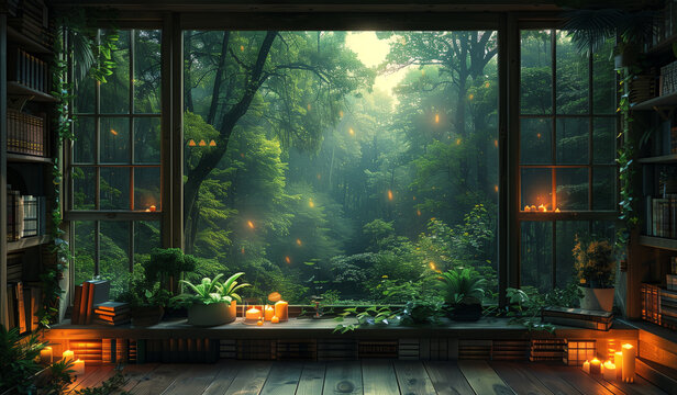 Synthwave anime manga atmosphere, empty room, empty space, office, relaxing space, lofi background wallpaper design, relaxing chilling vibes, animation, jungle atmosphere