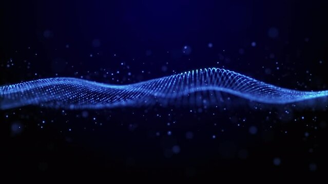 Abstract glowing high-tech wave flows in digital space. Particle and lights wave connecting lines and dots on blue background. Big data visualization, information flow, blockchain, and technology. 4k