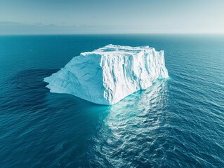 A large tabular iceberg floating in the ocean. The iceberg is white and blue, and the ocean is a deep blue. The iceberg is surrounded by waves.