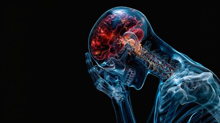 X-ray Of A Human Head In Solid White Model Against A Dark Blue Background