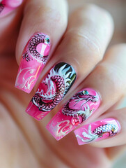 A woman's pink nail with dragon design.