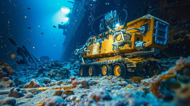 A remotely operated underwater vehicle (ROV) explores the deep sea. The ROV is equipped with a variety of sensors and cameras that allow it to see and map the ocean floor.