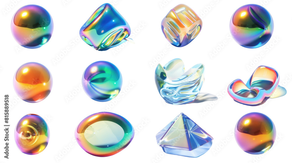 Wall mural a set of 12 metallic iridescent colorful and shiny 3d objects in isolated on transparent background