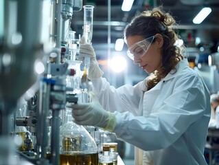 A female scientist wearing a lab coat and safety goggles is working in a laboratory