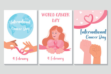 World cancer day set of posters in flat cartoon design. Illustration of three posters, each filled with elements of World Cancer Day, such as the pink ribbon and people's unity. Vector illustration.