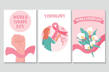 World cancer day set of posters in flat cartoon design. Three posters filled with elements of World Cancer Day and filled with the meaning of fighting and not giving up. Vector illustration.