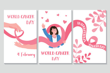 World cancer day set of posters in flat cartoon design. The three posters are united by a pink ribbon, symbolizing the World Cancer Day. Vector illustration.