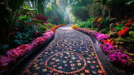 Charming stone pathway with floral mosaics at a botanical garden, surrounded by vibrant flowers and tropical plants