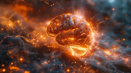 mind power, illuminated brain encircled by dynamic energy fields, symbolizing mastering mental skills and revealing hidden potentials