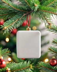 Blank white christmas card hanging on christmas tree with lights