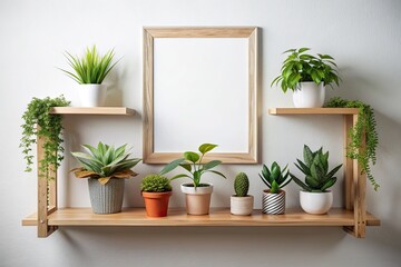 Wooden shelf with different potted plants and blank frame on wall