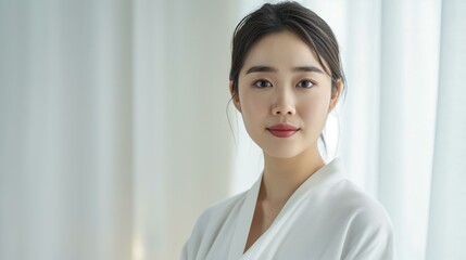 Serene asian woman in white bathrobe