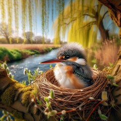bébé colibri dans son nid au bord d'une rivière , arrière flou, gros plan