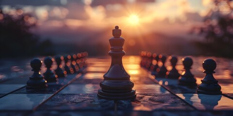 Spiritual Chess Board Meditation and Mindfulness Concept with Sunset Lakeside Landscape description This captivating image depicts a spiritual chess