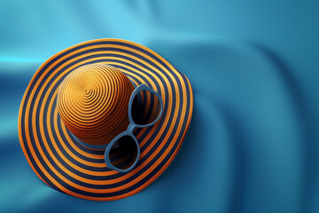 Striped retro summer hat with sunglasses, top view, summer concept, 3d render 