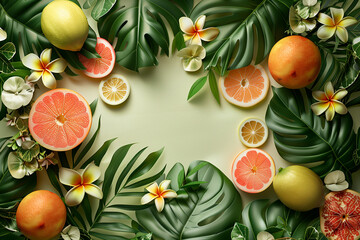 Summer tropical background with a space for a text, various fruits, green leaves and flowers arranged, top view, copy space, 3d render