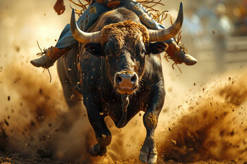 Rodeo bull. Traditional extreme sport of North America. A cowboy tries to stay on the back of a...