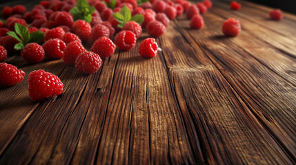 Sweet ripe raspberries in a bowl on a wooden table, focus shot, and space for text, blurred...