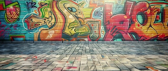 Fototapeta premium Graffiti wall with colorful street art, urban background for design or decoration in city. , photo realistic, hyper detailed