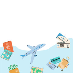 Summer vacation ticket booking concept background. Trip on plane and online service for booking ticket and hotel. Airplane, tickets, passport, phone with map cartoon banner on blue background.
