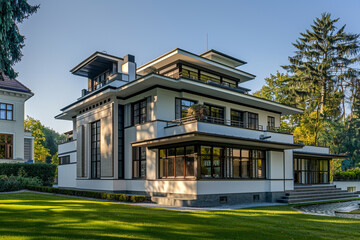 Mansion exterior with a unique Bauhaus design, focusing on functional, clean lines and geometric shapes.