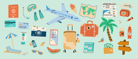 Summer vacation plane and other journey or trip elements for flight and travel to sea. Beach summer stickers palm, sunbed, umbrella, camera. Luggage, phone and paper map, airplane, suitcase and wallet