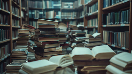 Open books and piles of old books on a wooden table in an old library Old hardcover book, diary, pages, retro style, historical background.