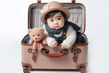 baby in luggage isolated on white background