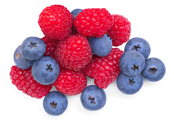 Wild Berries mix isolated on white background. Fresh raspbery and blueberry closeup. Top view. Flat...