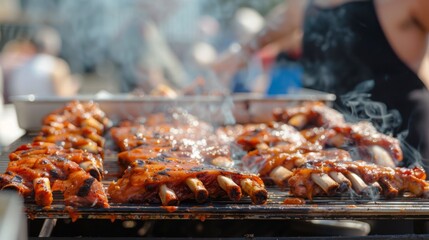 A food truck serving up mouthwatering smoked pork ribs with homemade sauces at a local street food festival.