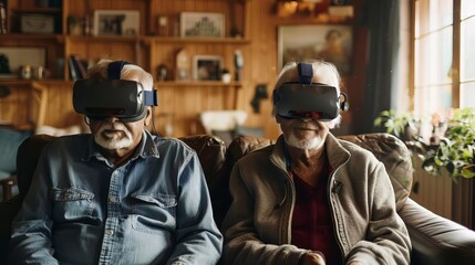 Elderly couple with virtual reality headsets, exploring new technology