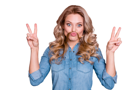 Close up photo funky amazing beautiful she her lady fooling around make moustache pretending guy man he him his show v-sign wearing casual jeans denim shirt clothes outfit isolated grey background - Powered by Adobe