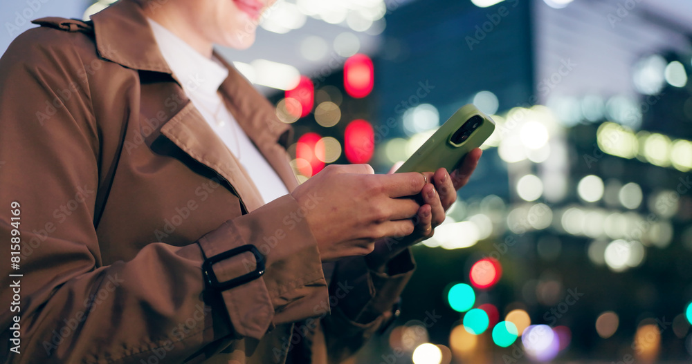 Poster woman, hands and outdoor with texting on smartphone on smile at night for conversation on social med