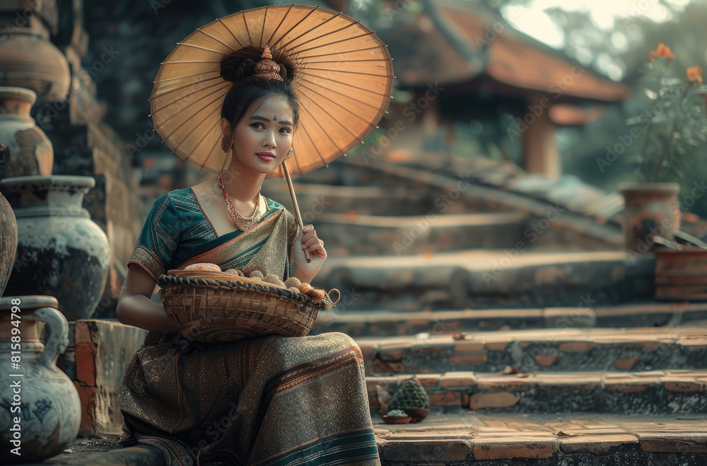 Canvas Prints a thai woman in traditional attire, holding an umbrella and a bowl of porridge while sitting on ston - Canvas Prints