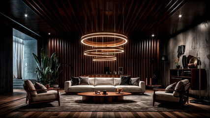 Wooden futuristic living room design, cinematic