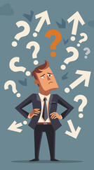 Confused Businessman Facing Direction Arrows with Question Mark, Dilemma and Complicated Problem Concept